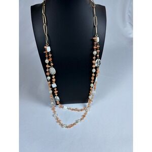 Talbots Gold Tone Peach Chip Pearl Clear Bead Long Multi Strand Necklace